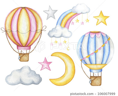 Hand drawn watercolor set with airballoons, rainbow, cloud, stars, moon Hand drawn watercolor set with airballoons, rainbow, cloud, stars, moon 106007999