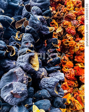 dried vegetables, tomatoes, eggplant on a string. Turkish market dried vegetables, tomatoes, eggplant on a string. Turkish market 106008530