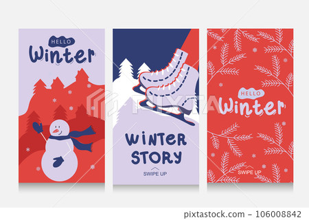 Colorful winter banners with falling snowflakes, snowy trees. Set of abstract winter backgrounds for social media stories. Use for event invitation, discount voucher, ad.	 106008842