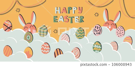 Trendy design with typography, dots, eggs and bunny, in pastel colors. Set of abstract easter backgrounds for social media, stories, banners, greeting cards, poster, greeting card	 106008943