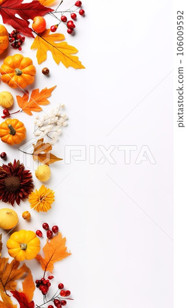 Autumn composition. Rowan berries, dried leaves, pumpkins, and flowers on white background. Autumn, fall, halloween, thanksgiving day concept. View from the top, with text space 106009592