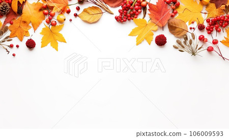 Autumn composition. Rowan berries, dried leaves, pumpkins, and flowers on white background. Autumn, fall, halloween, thanksgiving day concept. View from the top, with text space Autumn composition. Rowan berries, dried leaves, pumpkins, and flowers on white background. Autumn, fall, halloween, thanksgiving day concept. View from the top, with text space 106009593