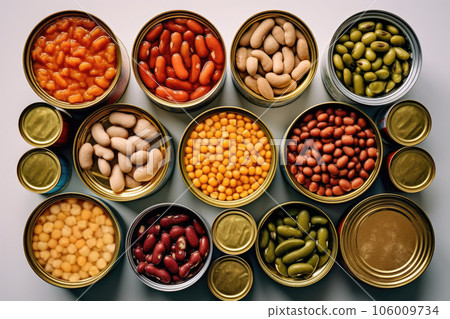 Different open canned food on old wooden background. Top view. Flat lay. Generative AI technology. Different open canned food on old wooden background. Top view. Flat lay. Generative AI technology. 106009734