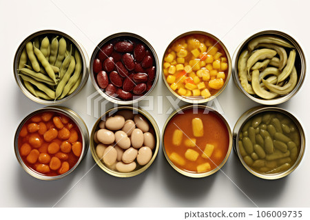 Different open canned food on old wooden background. Top view. Flat lay. Generative AI technology. Different open canned food on old wooden background. Top view. Flat lay. Generative AI technology. 106009735