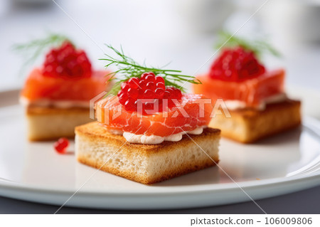 Sandwiches with red caviar. Generative AI technology. 106009806