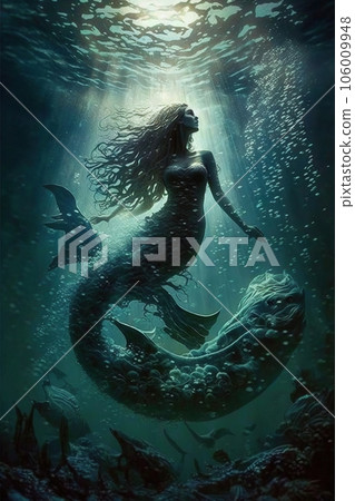 underwater fantasy world beautiful mermaid with tail in ocean created by generative AI 106009948