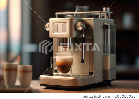 Coffee machine with a cup of latte. Generative AI technology. 106010053