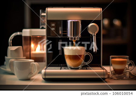 Coffee machine with a cup of latte. Generative AI technology. 106010054