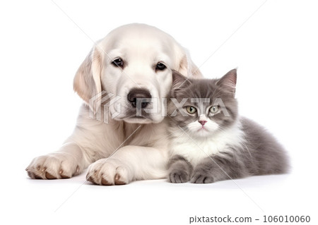 A cat and a dog are lying on a white background. Generative AI technology. A cat and a dog are lying on a white background. Generative AI technology. 106010060