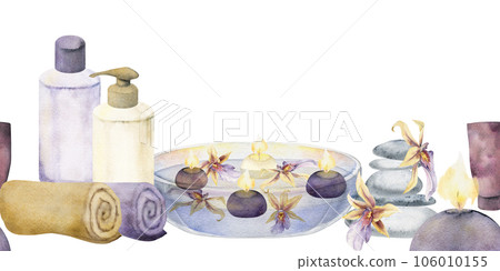 Hand drawn watercolor spa skincare bath beauty products package. Seamless horizontal banner. Isolated on white background. Design for wall art, wellness resort, print, fabric, cover, card, booklet. Hand drawn watercolor spa skincare bath beauty products package. Seamless horizontal banner. Isolated on white background. Design for wall art, wellness resort, print, fabric, cover, card, booklet. 106010155