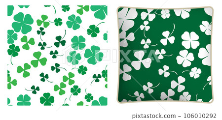 Square decorative pillow, bedroom accessory decorated three and four leaf clover seamless patterns. Clover leaf floral ornament. Vector ornament for design of posters and printing on textile 106010292