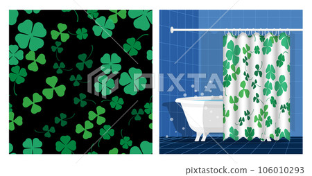 Bathroom interior with bathtub and curtain decorated three and four leaf clover seamless patterns. Clover leaf floral ornament. Vector illustration, ornament for design of posters, printing on fabric 106010293