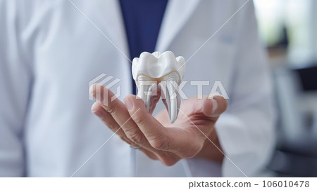 A mock-up of a tooth in the dentist's hand. A mock-up of a tooth in the dentist's hand. 106010478