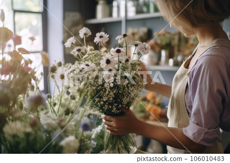 A woman collects a bouquet in a flower shop. A woman collects a bouquet in a flower shop. 106010483