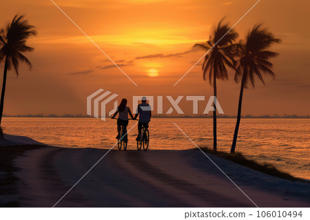 A couple rides bicycles on the beach. Generative AI technology. 106010494