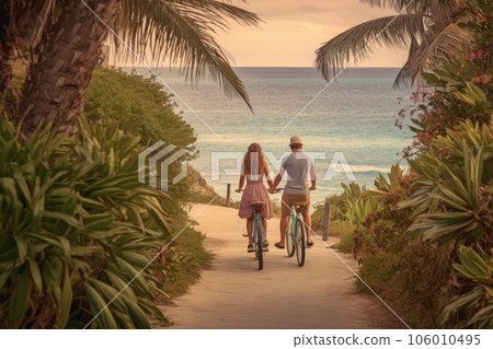 A couple rides bicycles on the beach. Generative AI technology. 106010495