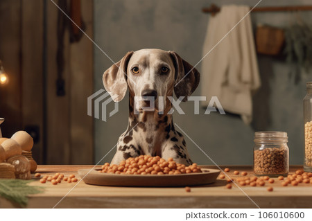 The dog eats food at the table. Generative AI technology 106010600