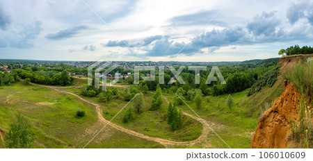 Panoramic view of a meadow in summer. Rural landscape. Panorama Panoramic view of a meadow in summer. Rural landscape. Panorama 106010609