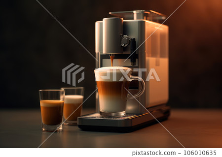 Coffee machine with a cup of latte. Generative AI technology. 106010635