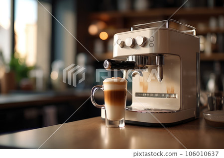 Coffee machine with a cup of latte. Generative AI technology. 106010637