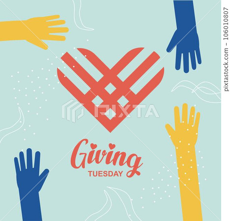 Happy Giving Tyesday. Trendy abstract art templates with hand, logo, dots. Set of flat backgrounds for social media, stories, banners, invitation card, poster, greeting card, header for website	 106010807