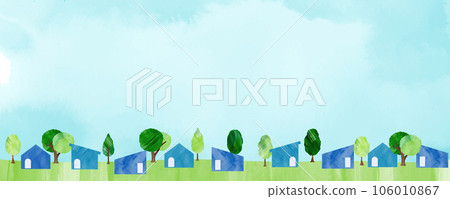 Watercolor style _ Background illustration of a cityscape with blue sky and fresh green roadside trees 106010867