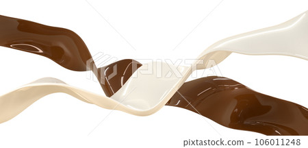 Milk and chocolate flows, white and brown waves of cream, yogurt and dark hot choco with liquid glossy texture 3d render. Sweet food, ganache sauce or syrup ribbons, design elements. 3D illustration 106011248