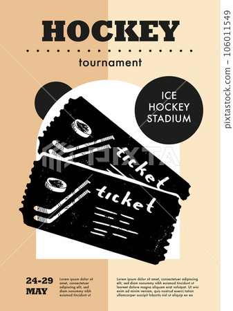 Template Sport Layout Design, ice hockey. Hockey league tournament poster vector illustration. Hand drawn engraving illustration tickets hockey pitch background. 106011549