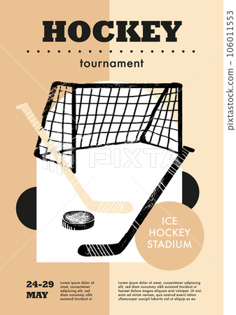 Template Sport Layout Design, ice hockey. Hockey league tournament poster vector illustration. Hand drawn engraving illustration gate hockey pitch background. 106011553