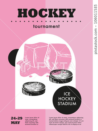Template Sport Layout Design, ice hockey. Hockey league tournament poster vector illustration. Hand drawn engraving illustration ice, pucks hockey pitch background. Template Sport Layout Design, ice hockey. Hockey league tournament poster vector illustration. Hand drawn engraving illustration ice, pucks hockey pitch background. 106011585