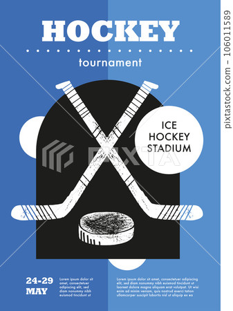 Template Sport Layout Design, ice hockey. Hockey league tournament poster vector illustration. Hand drawn engraving illustration sticks and puck hockey pitch background. Template Sport Layout Design, ice hockey. Hockey league tournament poster vector illustration. Hand drawn engraving illustration sticks and puck hockey pitch background. 106011589