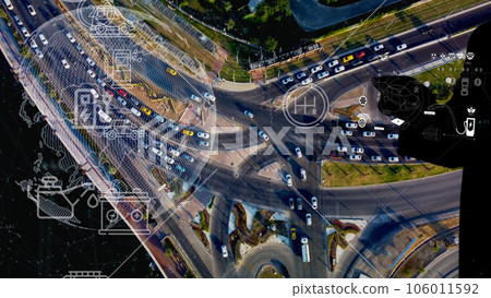 Intelligent Vehicles Cars Communicating Ai Logistic Autonomous Delivery Vehicles IoT GPS Tracking Satellite 5G Smart Roads Traffic Road Junction Interchange Motorway Triangulation Of Traffic Data 106011592