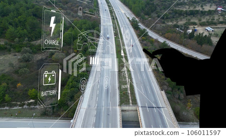 Intelligent Vehicles Cars Communicating Ai Logistic Autonomous Delivery Vehicles IoT GPS Tracking Satellite 5G Smart Roads Traffic Road Junction Interchange Motorway Triangulation Of Traffic Data 106011597