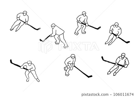 Young professional ice hockey player exercising on ice rink stadium together. Healthy extreme sport concept. Dynamic single line draw graphic design vector illustration 106011674