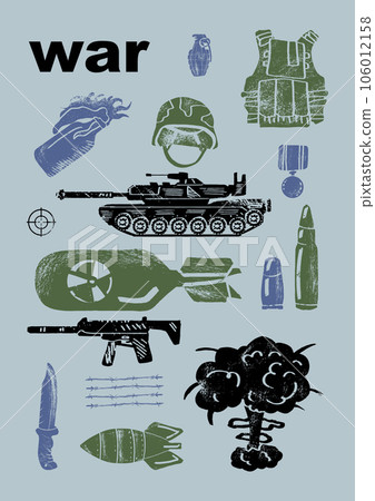 Military engraving, ink style set (knife, handgun, bomb, bullet, gas mask, sword, helmet, captain hat, explosion, dynamite, tent, machine gun, beret, battleship) 106012158