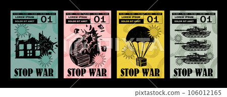 Anti-nuclear war propaganda poster. No to War, Stop War. Set of vector illustrations. Engraving, ink style. Poster, cover, t-shirt print. Military parachute, house, tank, explosion 106012165