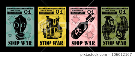 Anti-nuclear war propaganda poster. No to War, Stop War. Set of vector illustrations. Engraving, ink style. Poster, cover, t-shirt print. Military projectile, bomb, grenade, mask 106012167