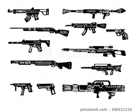 Big set of various weapons engraving, ink style set. Collection of various realistic firearms. Isolated assult rifles, sniper rifles, shotguns, handguns, machine guns, historical guns and other. 106012238