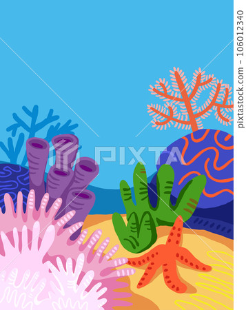 Underwater scene background with coral reads, rocks, corals, seastar. Kids illustration background under the sea. Coral reaf background in cartoon style. Vector illustration Underwater scene background with coral reads, rocks, corals, seastar. Kids illustration background under the sea. Coral reaf background in cartoon style. Vector illustration 106012340
