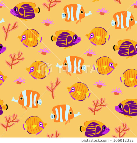 Vector seamless pattern with beautiful exotic fish, coral reafs fish collection with corals, seaweed on orange background. Exotic tropical fishvpattern. Hawaii resort print with colorful fish. Vector 106012352