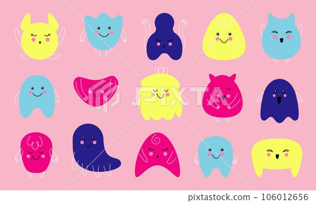 Monsters set. Cute abstract creatures. Different geometric forms with eyes and mouth, Happy color mascots. Childish decor, funny simple characters Vector cartoon minimal style isolated illustration 106012656