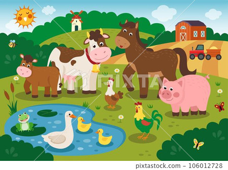 Farm animals. Pond duck. Flying butterfly and honeybee. Domestic cow or lamb. Chicken bird in meadow. Cartoon frog and pig. Field tractor. Pony on ranch. Countryside tidy landscape. Vector rural scene 106012728