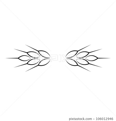 Wheat ears ornament and pattern. Two ears of wheat in horizontal style. Transparent vector illustration with black outline on white background. Editable template. Wheat ears ornament and pattern. Two ears of wheat in horizontal style. Transparent vector illustration with black outline on white background. Editable template. 106012946