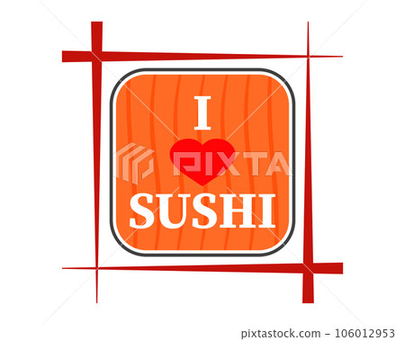 Sushi logo. Vector illustration with chopsticks and sushi roll. 106012953
