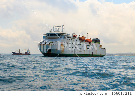 Large industrial ship sailing in the Indian ocean near Zanzibar, Tanzania Large industrial ship sailing in the Indian ocean near Zanzibar, Tanzania 106013211