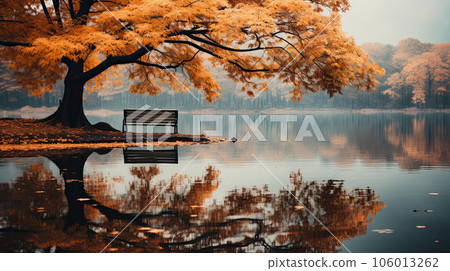 Autumn landscape of lake with beautiful autumn trees and bench Autumn landscape of lake with beautiful autumn trees and bench 106013262