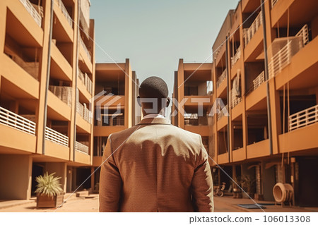 Black man in suit in poor African city. Career challenge in city concept, rear view 106013308