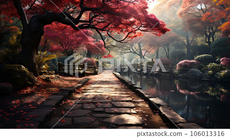 The road in the park strewn with autumn leaves. Autumn landscape of the long road. autumn concept. The road in the park strewn with autumn leaves. Autumn landscape of the long road. autumn concept. 106013316