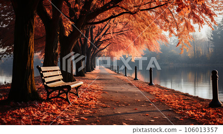 Autumn landscape of lake with beautiful autumn trees and bench 106013357