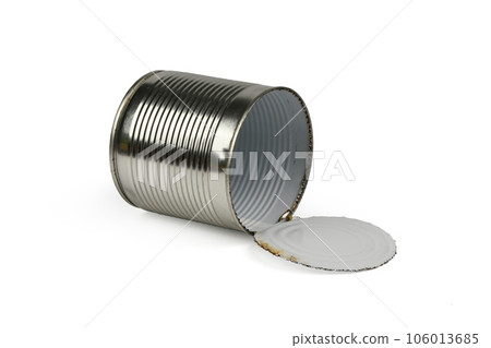 Close-up shot various open metal tin cans isolated on white background. 106013685